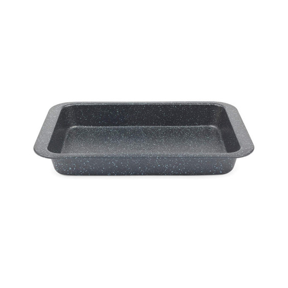 Grey speckled rectangular roasting tin, shown empty from the front