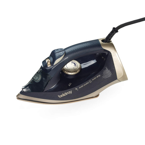 Navy and gold steam iron with anti-scale and anti-drip features, shown side view