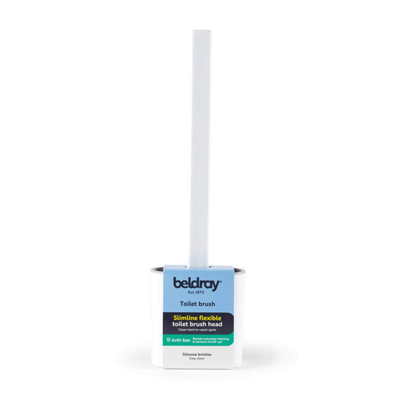 Grey slimline silicone toilet brush with white holder, antibacterial, easy clean.
