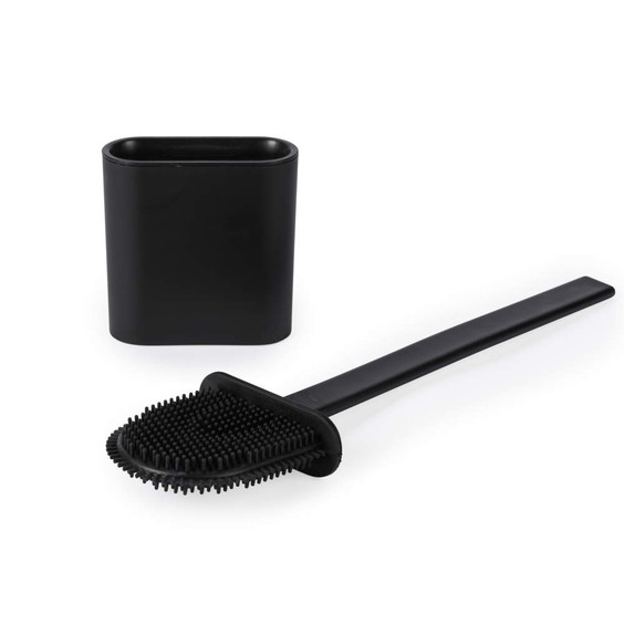 Black silicone toilet brush with matching holder, shown on white background.
