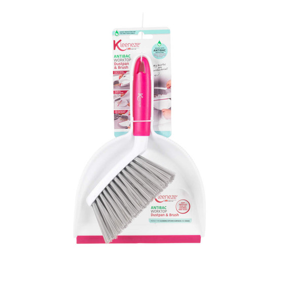 Pink and white antibacterial dustpan and brush set in packaging