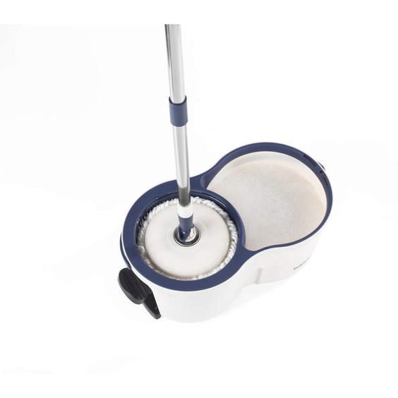 Blue and white spin mop with dual bucket, shown from above.