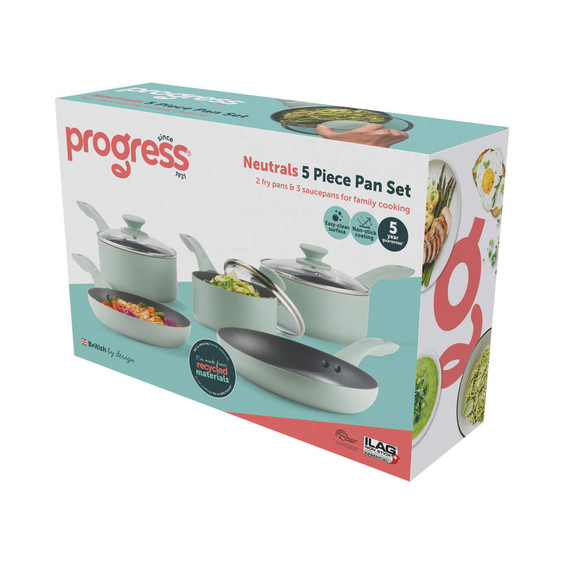 Boxed set of 5 green non-stick pans by Progress, includes 2 fry pans and 3 saucepans.