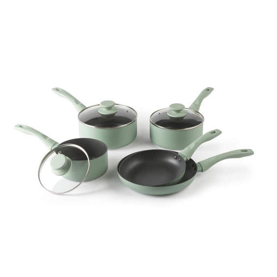 Set of five green non-stick saucepans and frying pans with lids, shown on white background