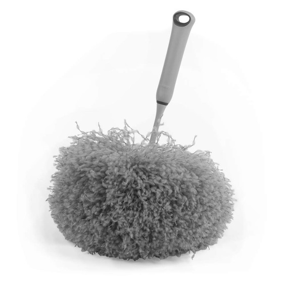 Grey microfibre duster with contoured handle, shown upright on white background