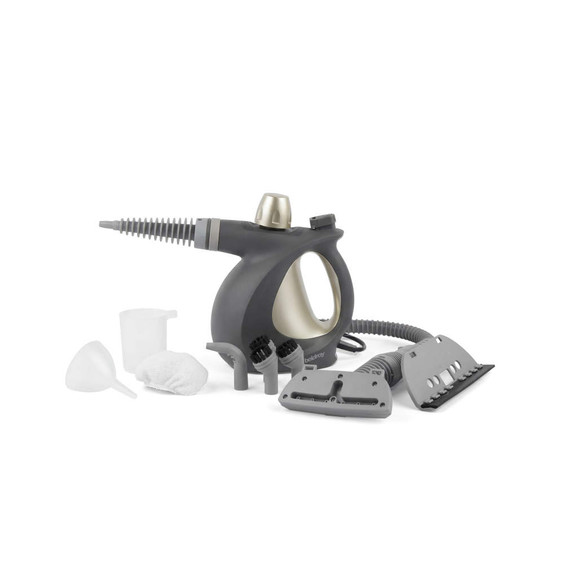 Handheld steam cleaner with accessories, grey and gold.