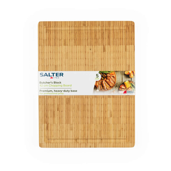 Large rectangular bamboo butcher’s block chopping board with Salter branded packaging.