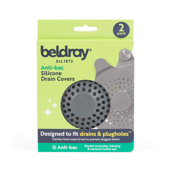 2 pack grey silicone anti-bac drain covers for sinks or plugholes in retail packaging