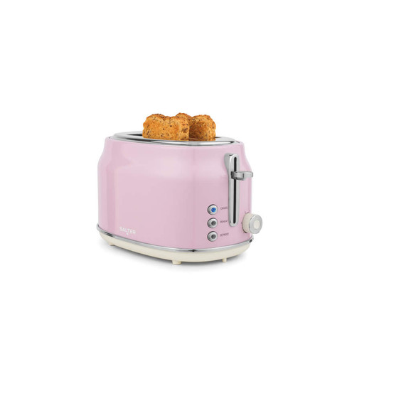 Pink 2-slice toaster with toast, front controls, and lever, on white background