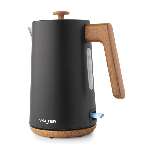 Matte black electric kettle with wood-effect handle and base, side view.