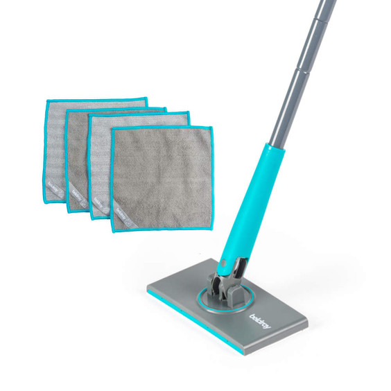 Flat mop with turquoise handle and four grey replacement pads shown.