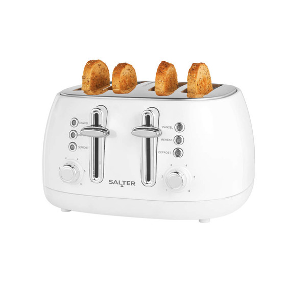 White four-slice toaster with settings and toasted seeded bread shown