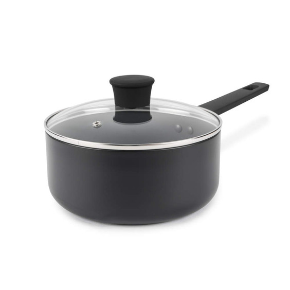 Grey saucepan with long handle and glass lid, shown at an angle on white background