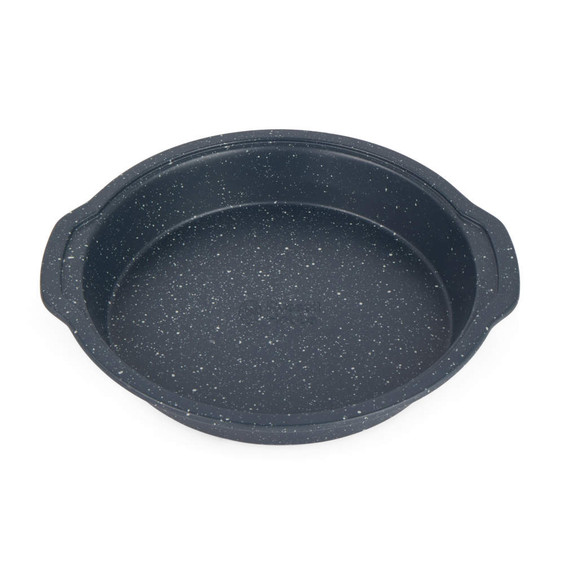 Round blue speckled non-stick baking tin with handles, shown empty.