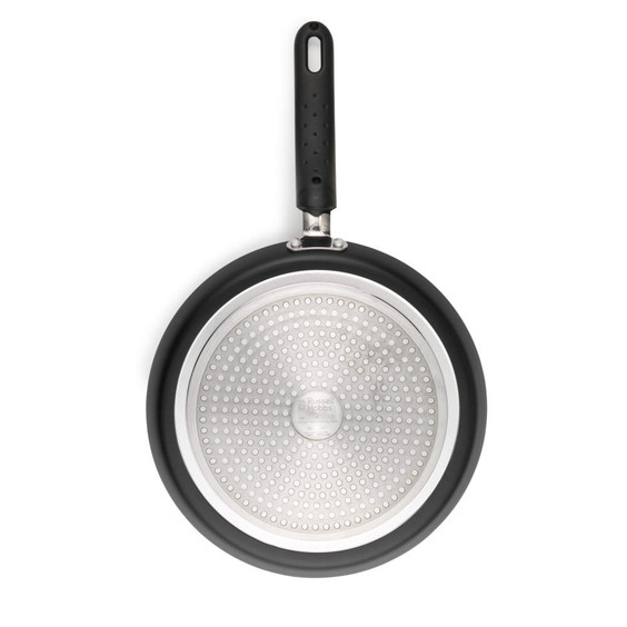 Black non-stick frying pan, bottom view showing silver base and handle