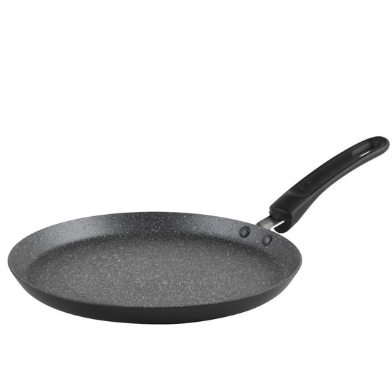 Non-stick black crepe pan with speckled finish and black handle, angled side view