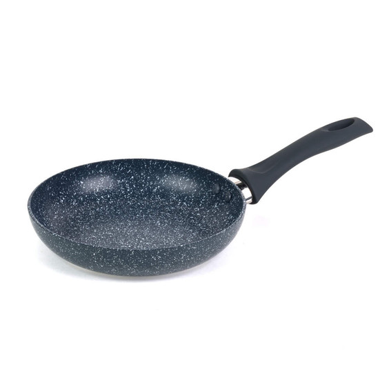 Black non-stick frying pan with speckled finish, angled side view
