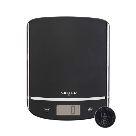 Black digital kitchen scale with display and CR2032 battery shown