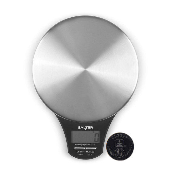 Digital kitchen scale with round stainless steel platform and LCD screen, includes CR2032 battery