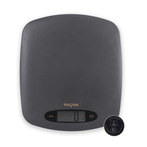 Black digital kitchen scale with LCD display, shown with coin cell battery.