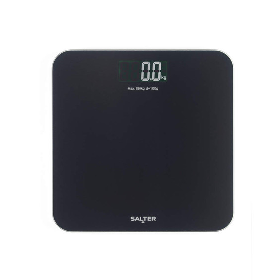 Black digital bathroom scale with easy-read display and Salter logo, top view.
