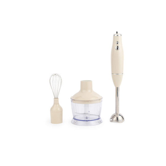 Cream hand blender set with whisk and chopper attachments shown on white background