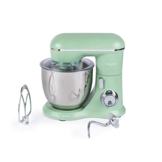 Green stand mixer with stainless steel bowl, Salter brand, shown with beater and dough hook attachments