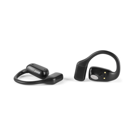 Black wireless bone conduction headphones, side view, pair on white background