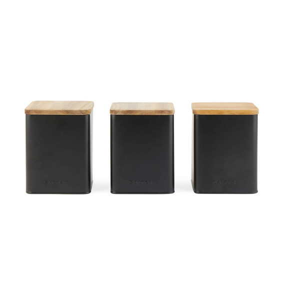 Set of three black storage canisters with natural wood lids, front view
