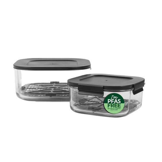 Set of two rectangular PFAS-free food storage containers with black lids