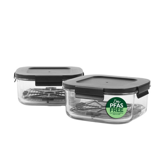 Set of two clear food storage containers with black lids, PFAS free label visible