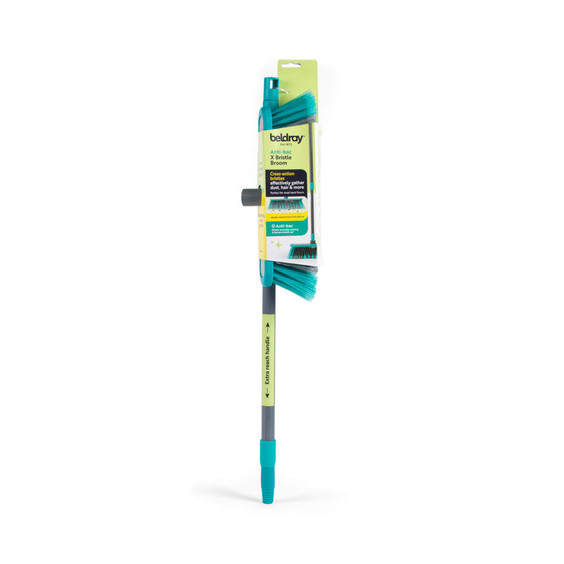 Grey anti-bac bristle broom with extra reach handle, shown in retail packaging