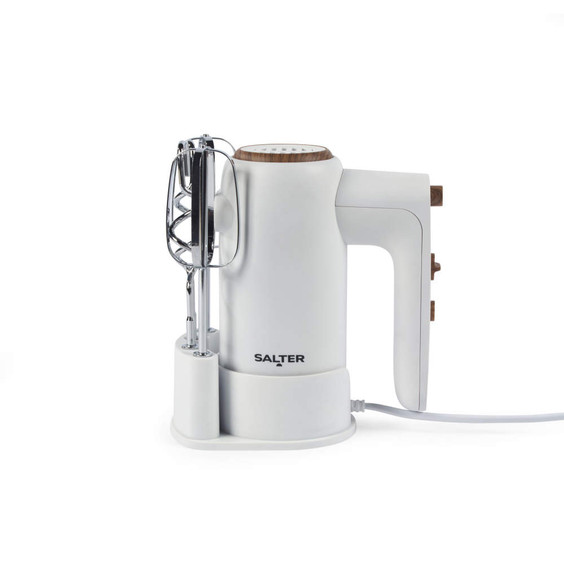 White electric hand mixer with wood trim and stand, shown side-on.