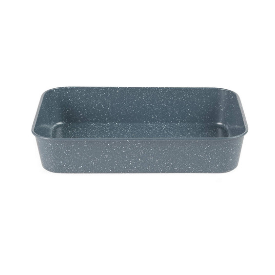 Blue speckled rectangular roasting tin, angled view, empty