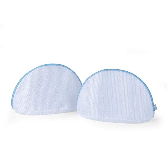 Pair of white mesh laundry bags with blue trim, shown upright.