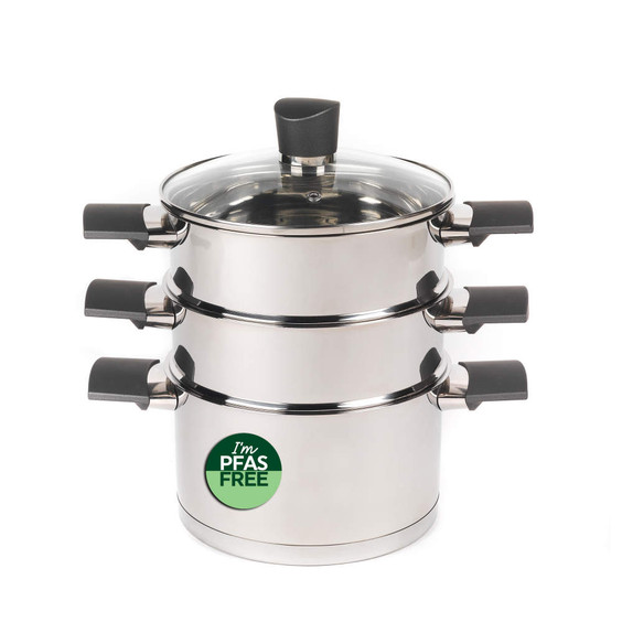 Three-tier stainless steel steamer pot with black handles, labelled PFAS free