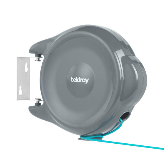 Grey retractable washing line with wall mount, single blue line extended.