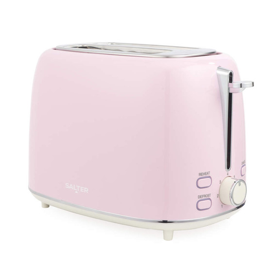 Pink two-slice toaster with chrome controls and Salter branding, shown at a side angle
