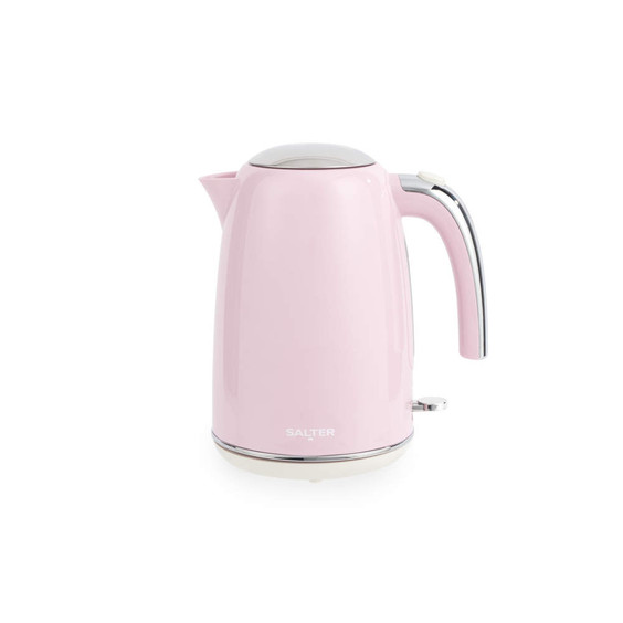 Pink electric kettle with chrome handle, showing side profile, Salter brand
