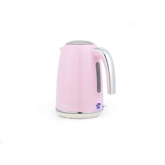 Pink electric kettle with silver handle, side view
