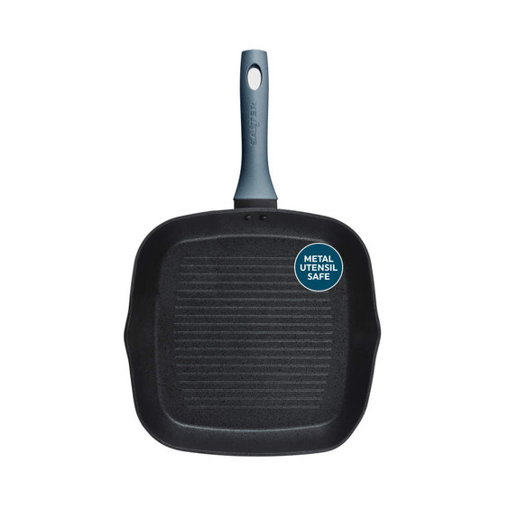 Blue square grill pan with ridged non-stick interior and long handle