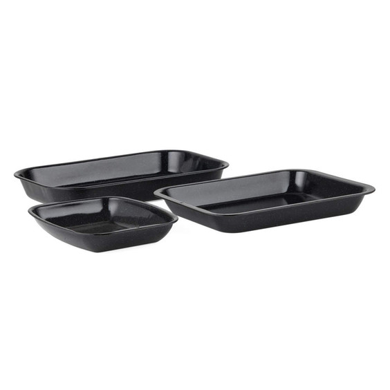 Set of three black speckled roasting trays in assorted sizes