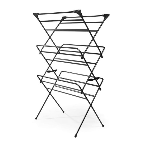Black folding clothes airer with multiple drying rails