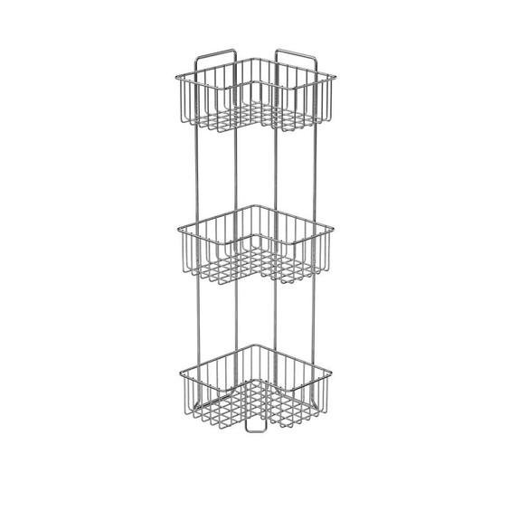 Three tier chrome corner shower caddy with wire baskets for bathroom storage