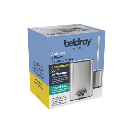 Bathroom bin and toilet brush set with chrome finish, anti-bac, boxed for home use.