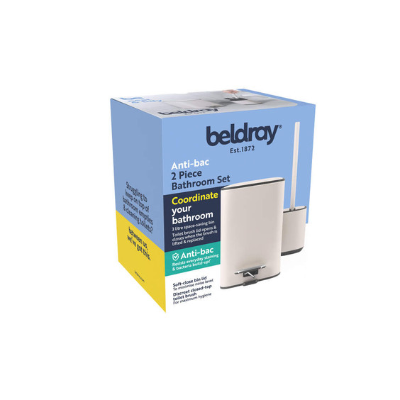 Grey 2 piece bathroom set in box with bin and toilet brush, anti-bac, for home use