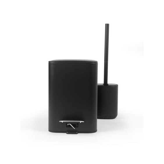 Black bathroom bin and toilet brush set with pedal, shown front on white background