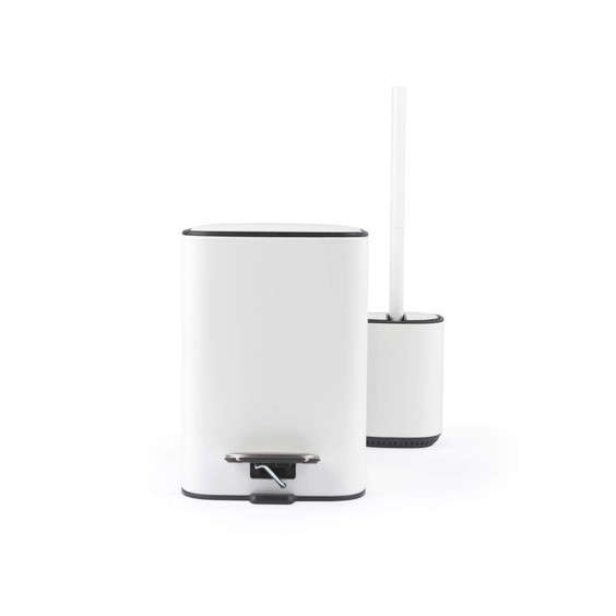 White bathroom bin and toilet brush set with black trim, shown from front view.