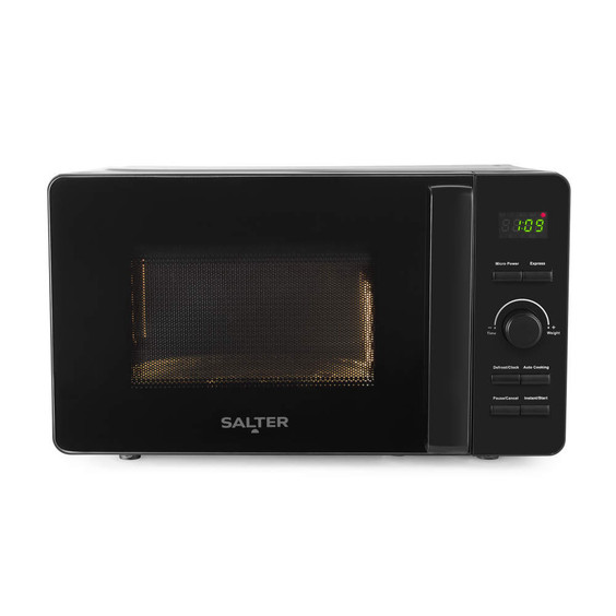 Black countertop microwave oven with digital display and Salter branding