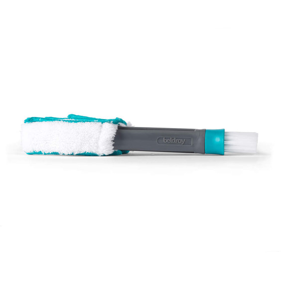 Grey and turquoise cleaning brush with microfibre pad, shown side-on for product listing